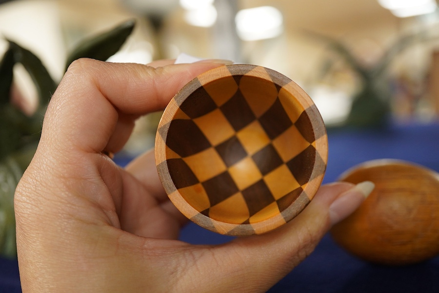 David Linley, a carved oak egg and stickware egg cup